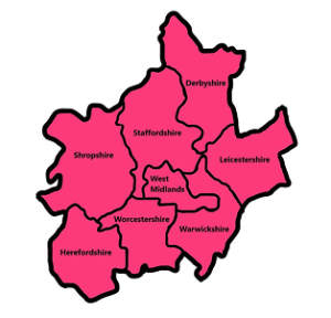 Map image of the Midlands of the UK